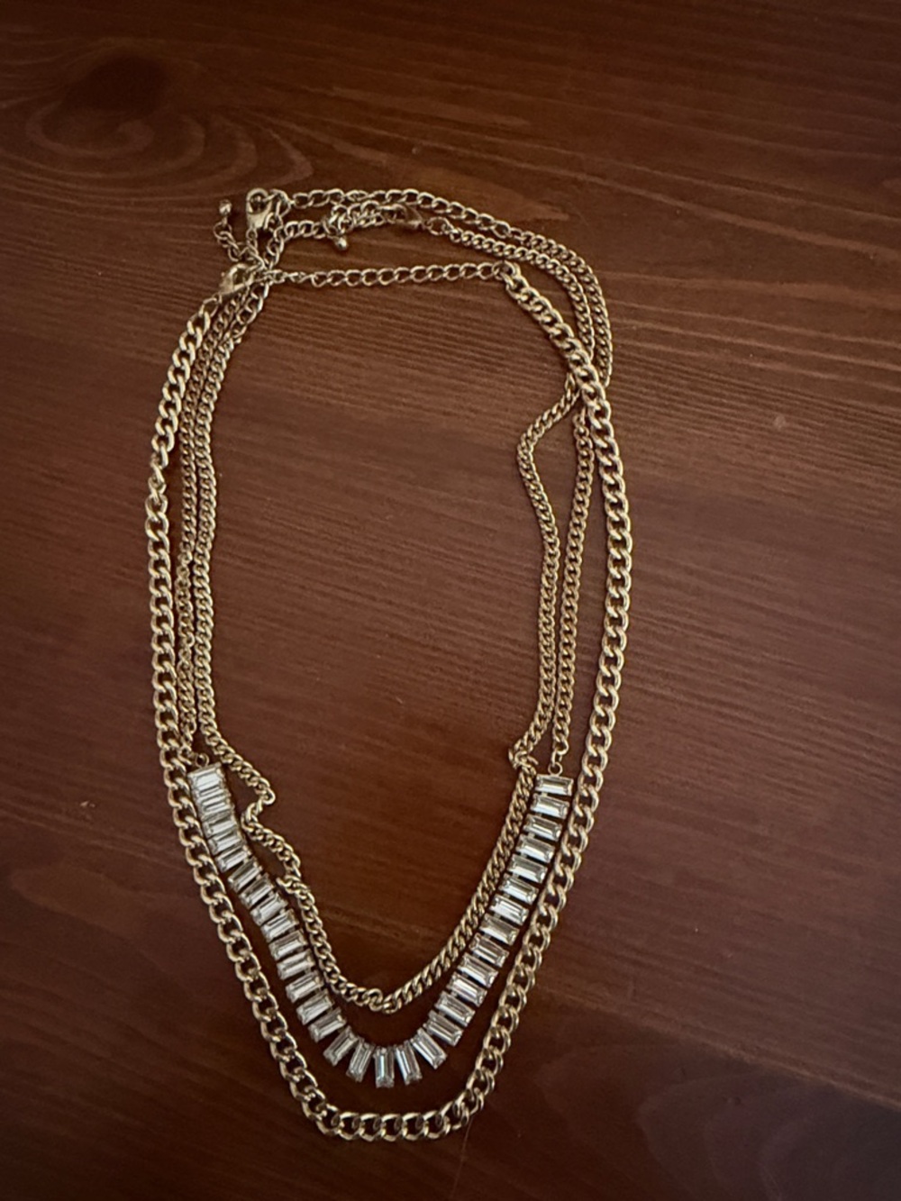 Layered Gold Necklace with Clear Baguette Crystal Strand